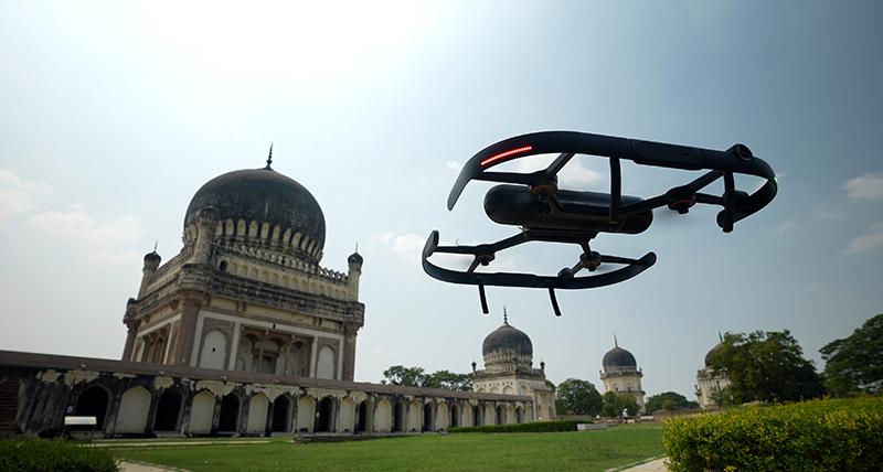 Autonomous flying laser scanning, Leica BLK2FLY flys over the Qutub Shahi Tombs in Hyderabad, India